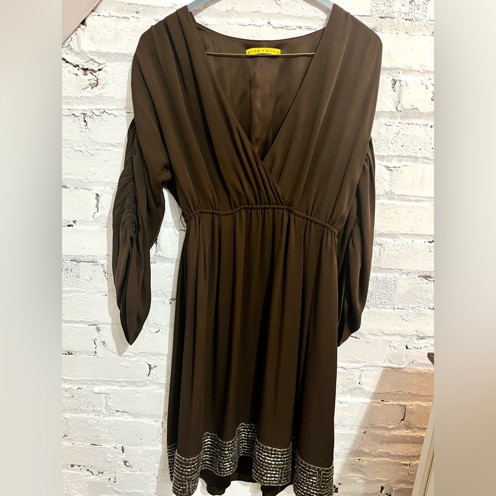 Alicia + Olivia Brown 100% Silk Wrap Dress with Beading -As Seen on Gossip Girl